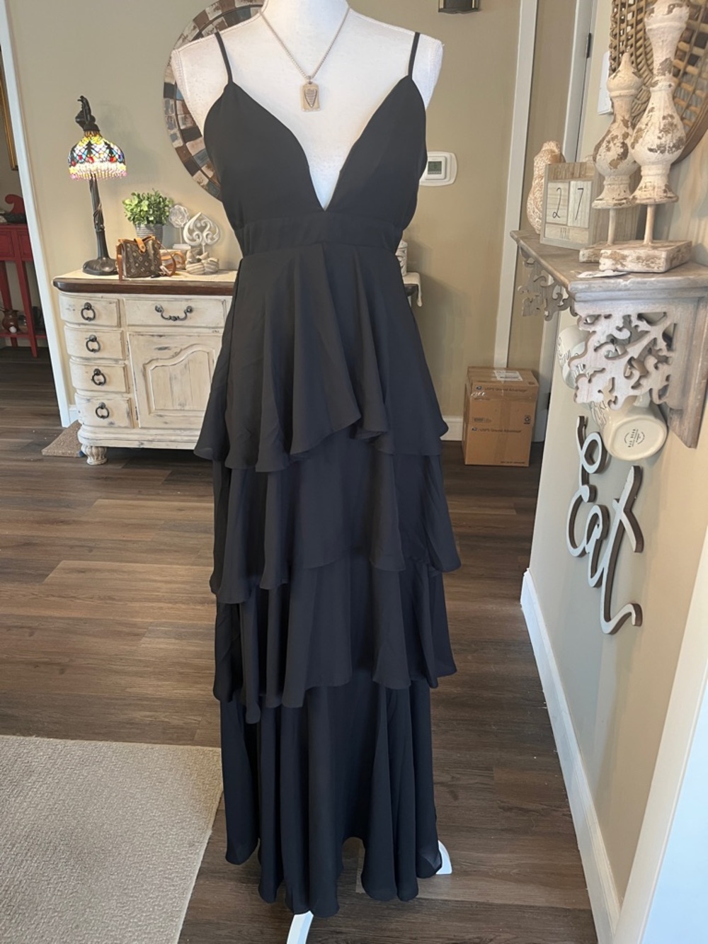 Gracia Black Tiered V-Neck Maxi Dress